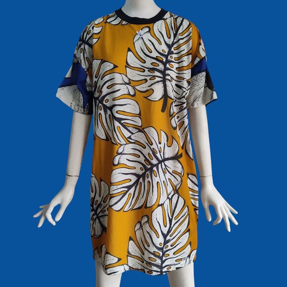 Adidas x FARM Rio Tropical Leaf Pineapple Print Tee Shirt Dress Trefoil Logo L - Picture 1 of 11